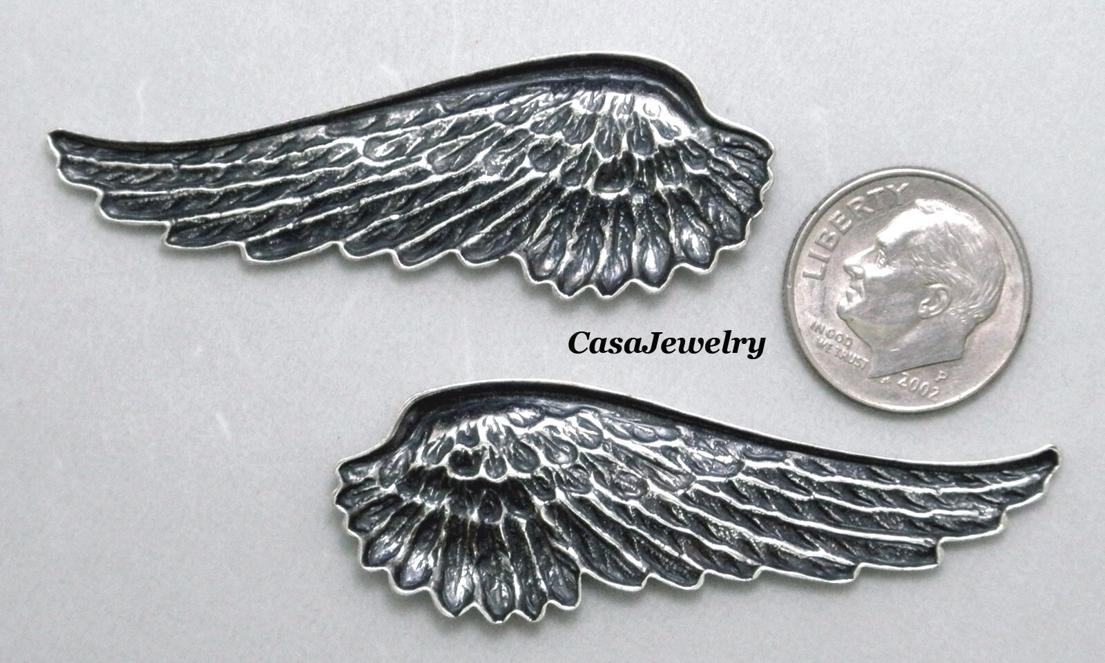 #4148 ANTIQUED STERLING SILVER PLATED LEFT+RIGHT ANGEL WINGS – 2 Pc Lot (1 Pair)