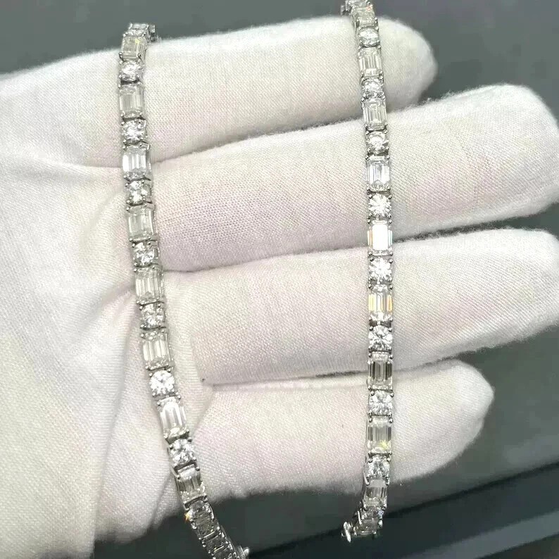 30 Ctw Emerald & Round Cut Lab Created Diamond Tennis Necklace 14k White Gold FN