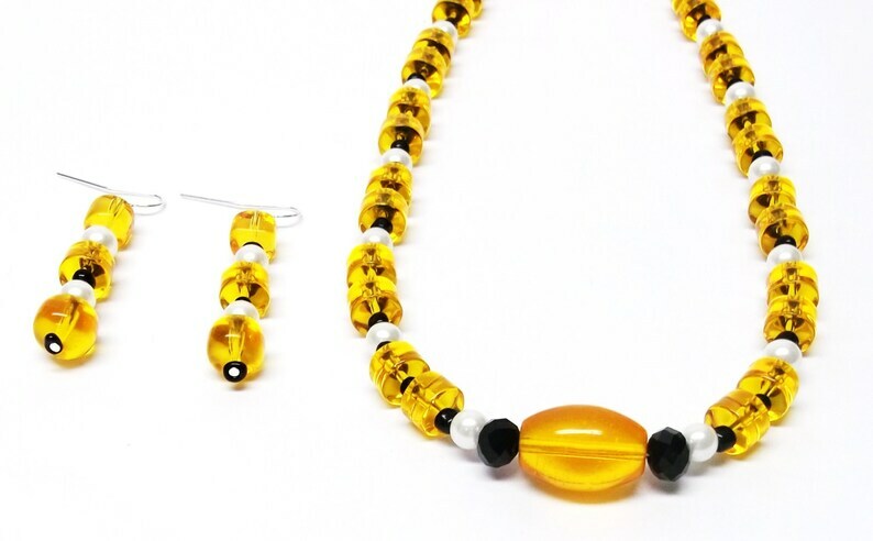 Mixed Shape Orange Transparent & White Glass Bead Necklace/Earrings Set