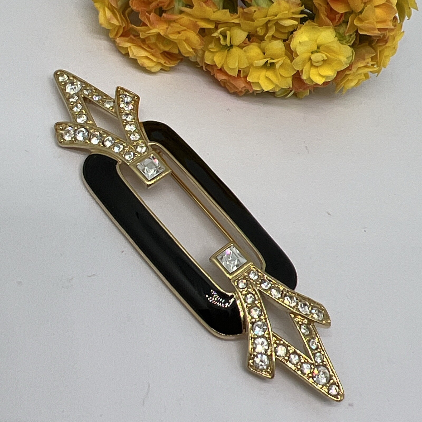 Signed Trifari 3.4” Brooch Pin Black Enamel/Gold Tone Clear Rhinestone 7020
