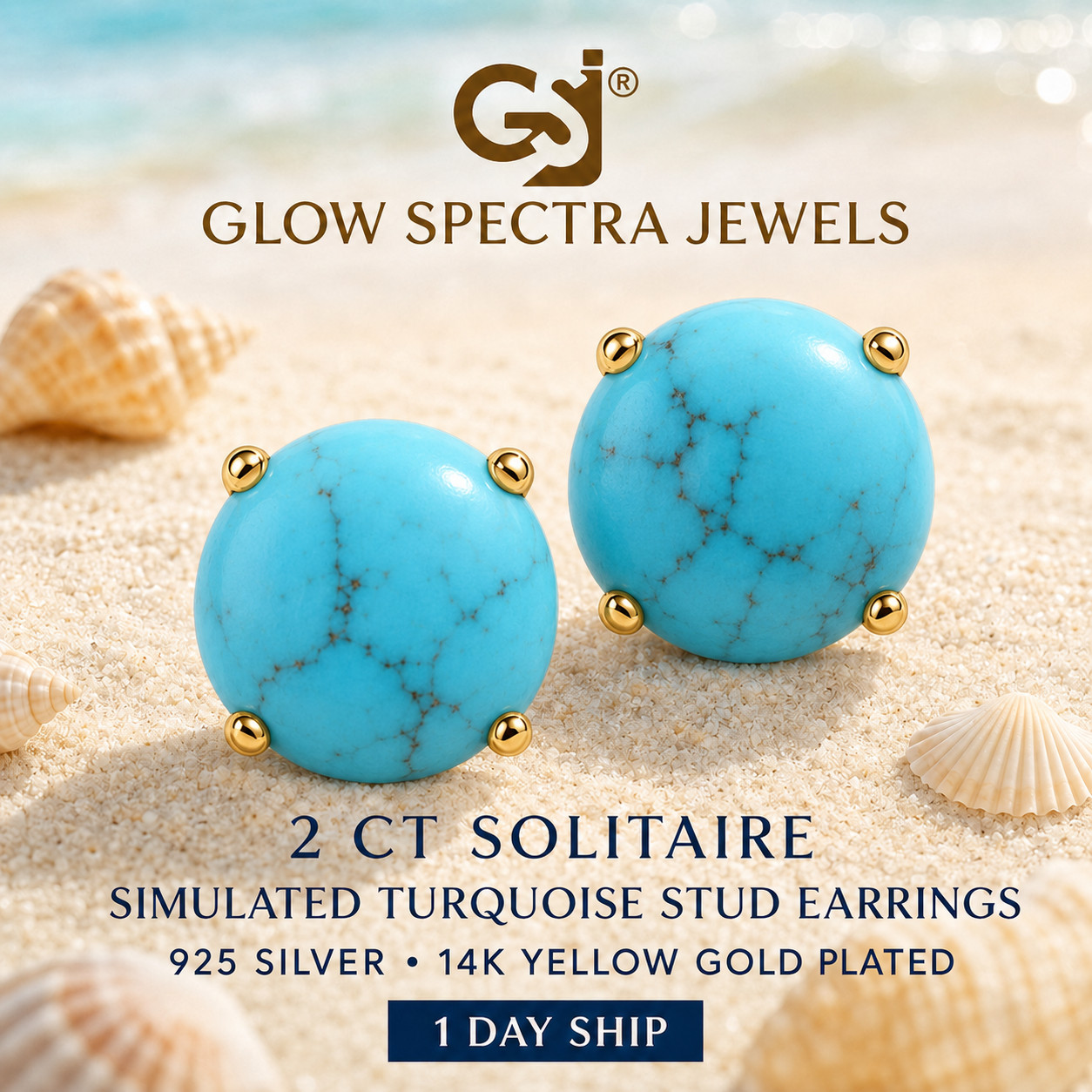 2.00CT Solitaire Turquoise Stone Stud Erring 925 Silver 14k Yellow Gold Plated