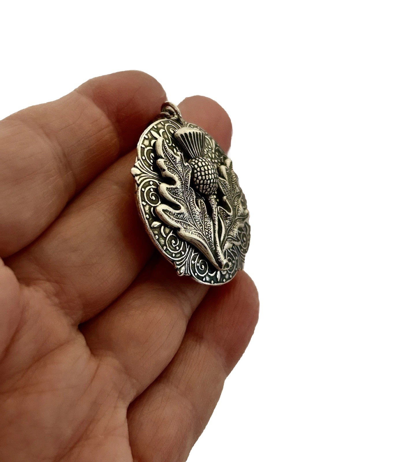 Thistle Hidden Locket Necklace, Silver Celtic Vintage Pillbox Stash Box Pendant