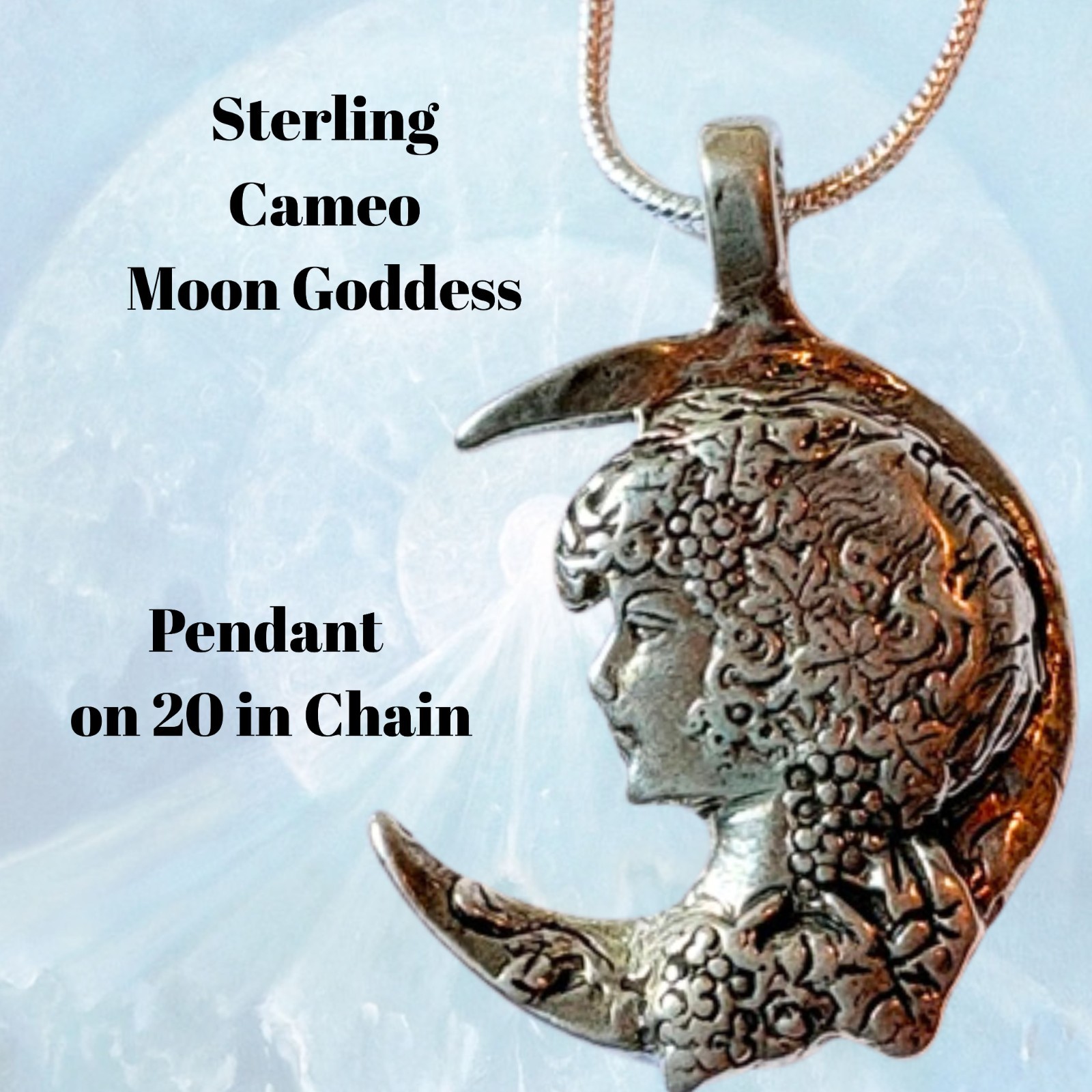 Cameo Lady in sterling w/ 20 in chain Moon Goddess handmade by JKL 377