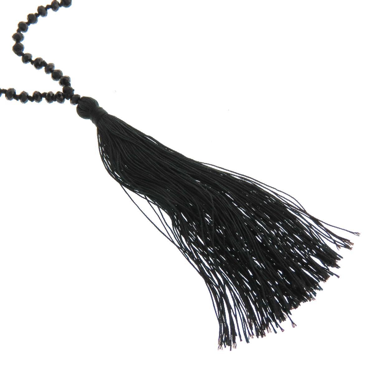 Long Black Beads With Tassel Pendant Necklace, 32″