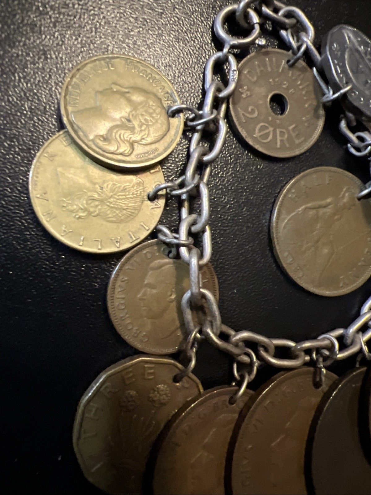 Vintage 835 Continental Silver Coin Charm Bracelet Travel World Coins European