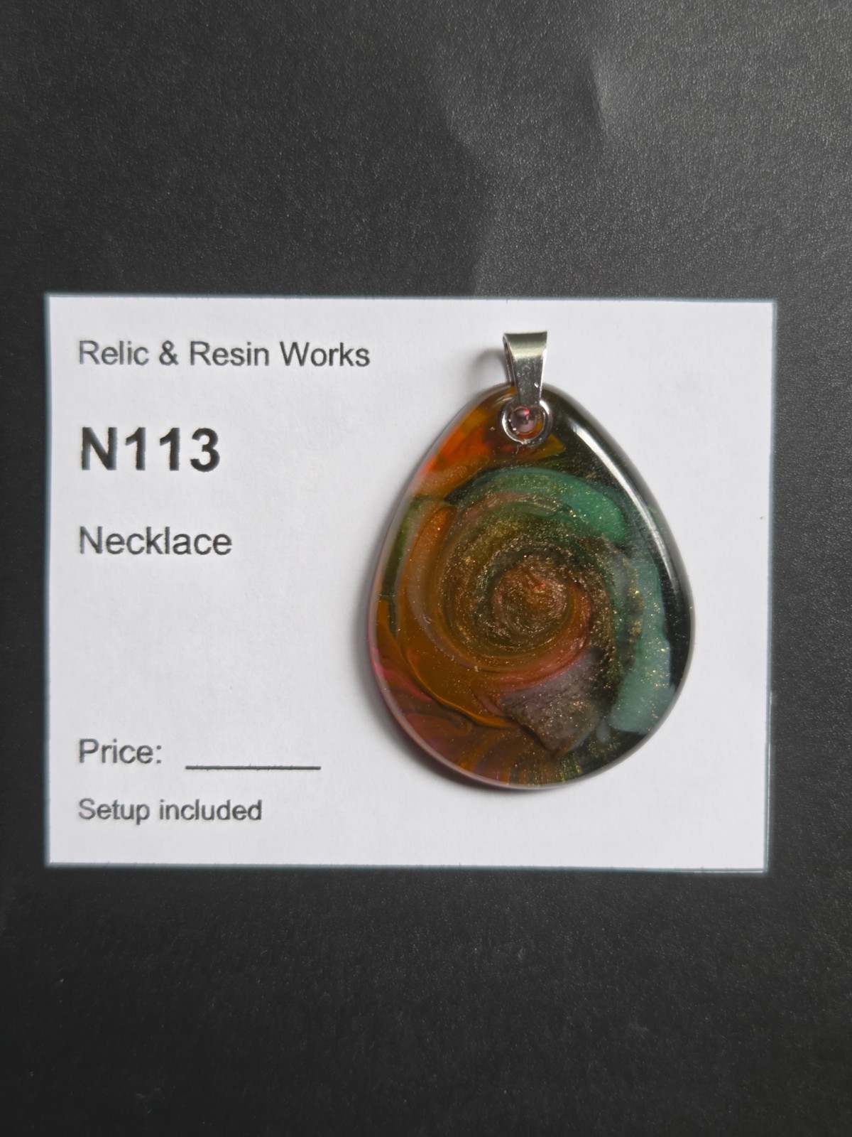 OOAK Aqua Orange Spiral Petri Effect Resin Teardrop Pendant N113