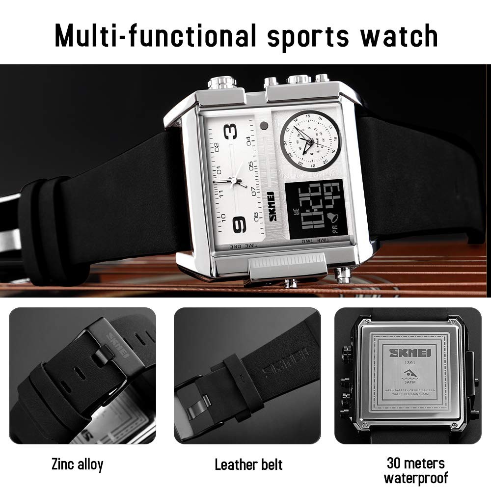 SKMEI Men’s Digital Sports Watch, LED Square 2.17*2*0.59 inch, Silver Black