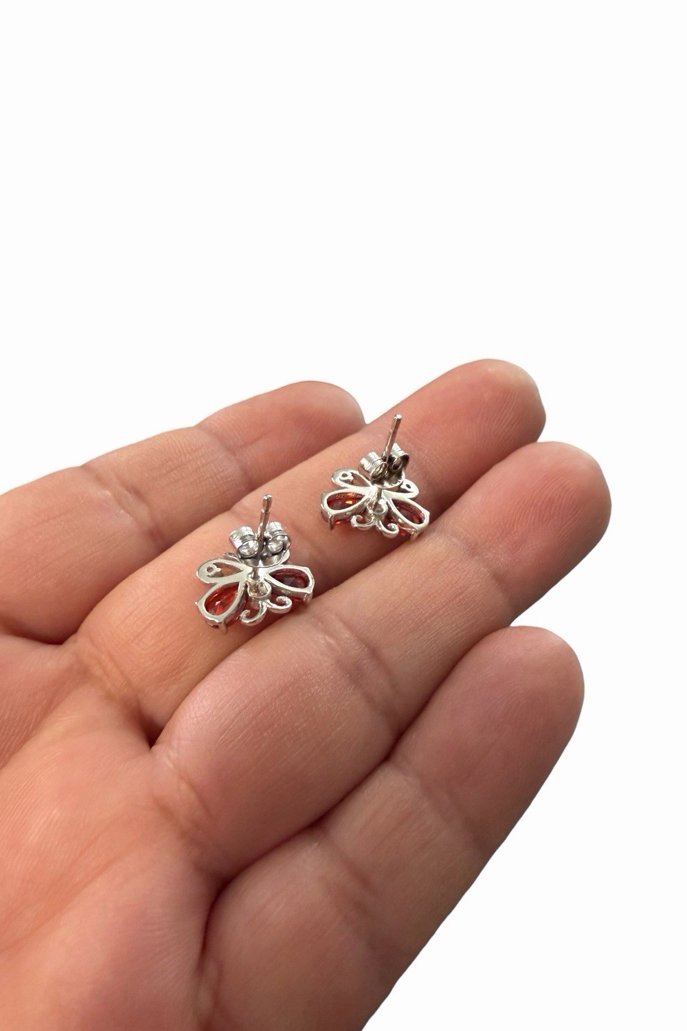 Butterfly Stud Earrings Butterfly Back Silver Metal Red Round Cubic Zirconia