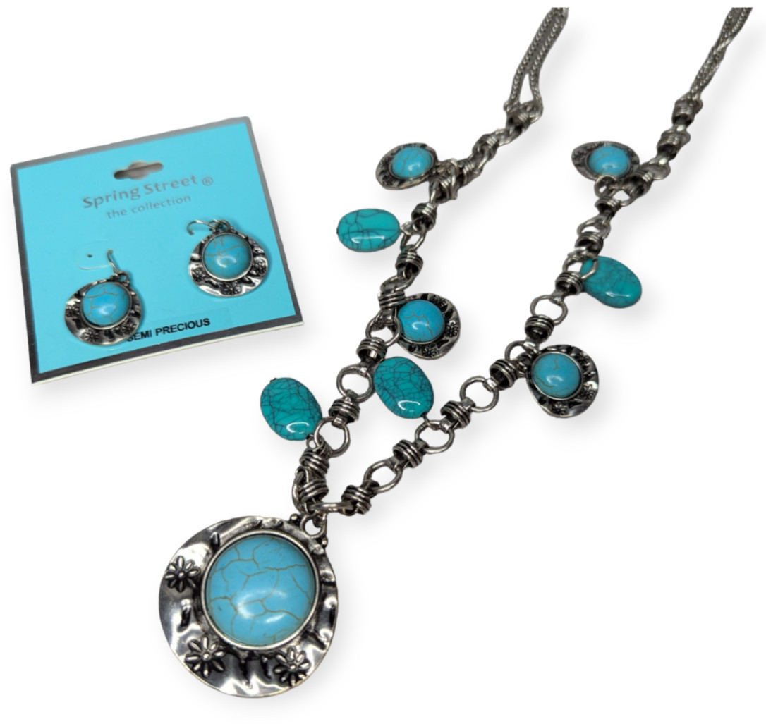 Spring Street The Collection Semi Precious Turquoise Necklace & Earring Set New