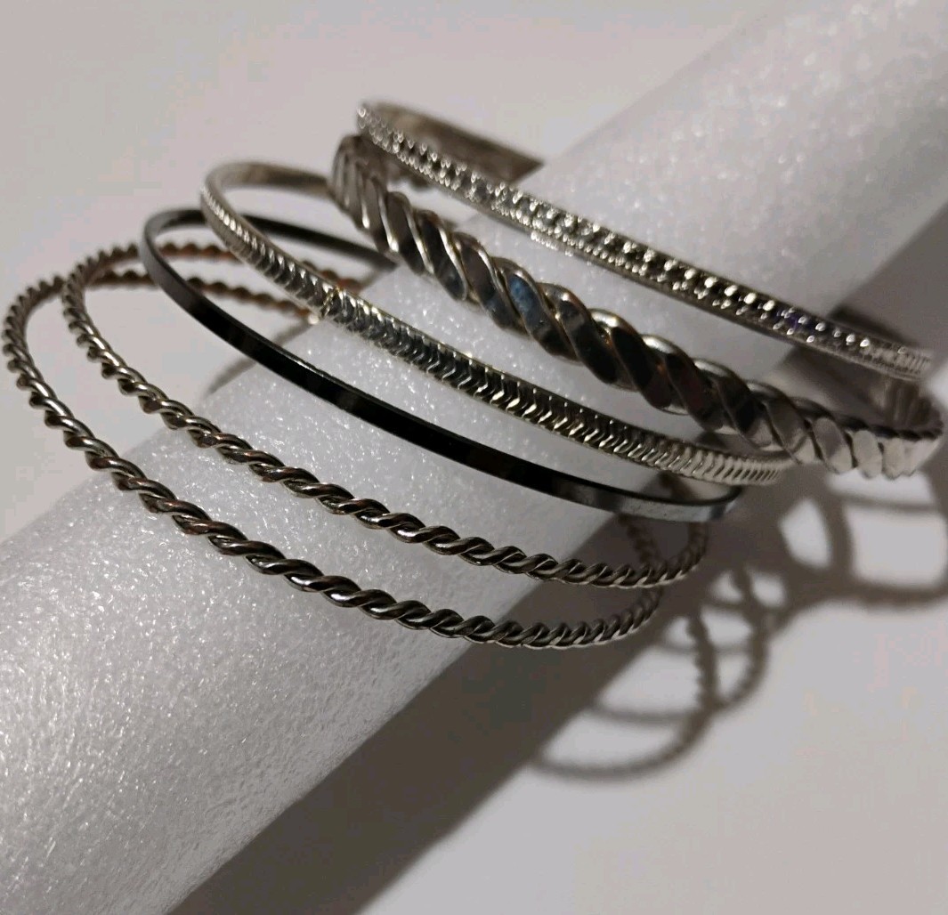 Silver Tone Bangle Bracelets-Lot of 7-(2 Cluster/5 Single) Approx 6 Inches