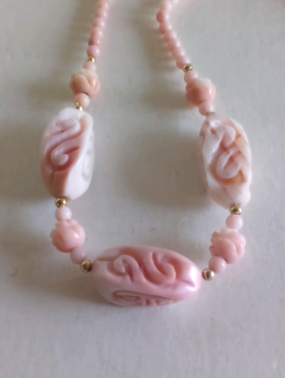 ESTATE CHINESE 14K GOLD CARVED PINK CORAL DRAGON SHOU LOTUS NECKLACE 17.5″ 30GR
