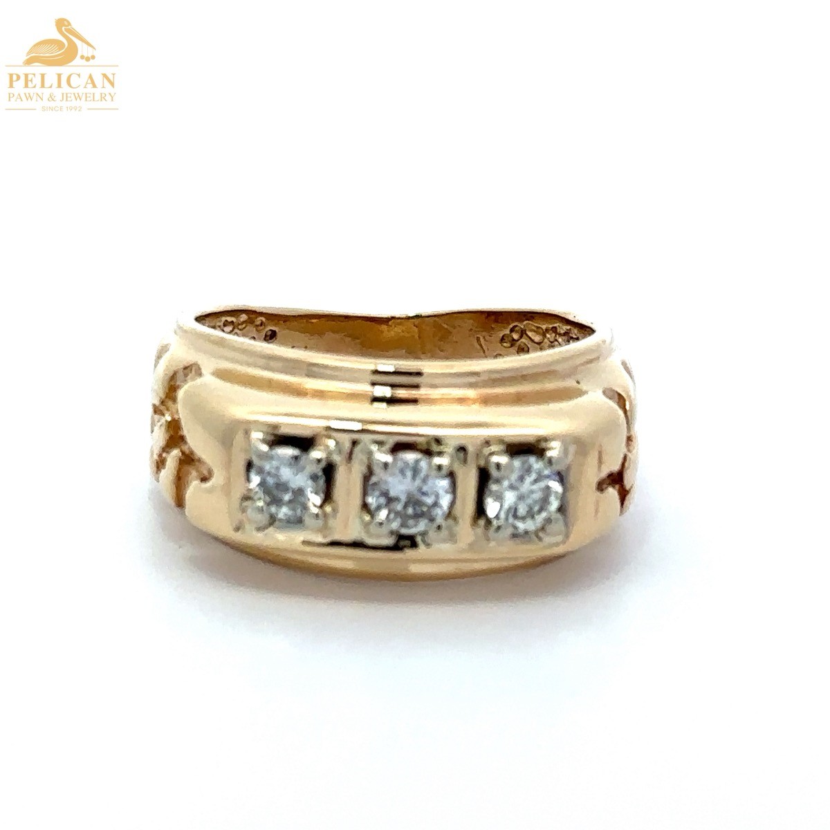 Retro Three-Stone Diamond Gold Nugget Ring 10KT Yellow Gold SZ 6.5 (PSH044027)