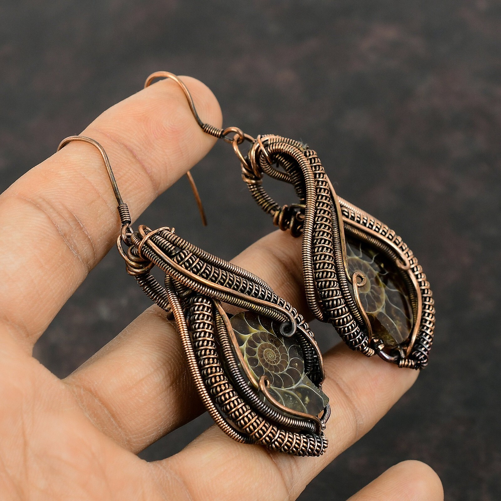 Gift For Her Ammonite Fossil Wire Wrapped Earrings Copper Jewelry 3.11″