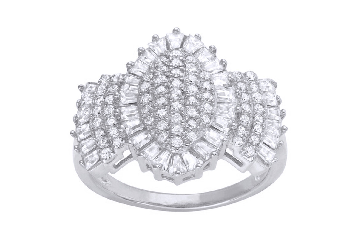 14k White Gold Plated Streling Silver Cubic Zirconia Baguette Cluster Ring