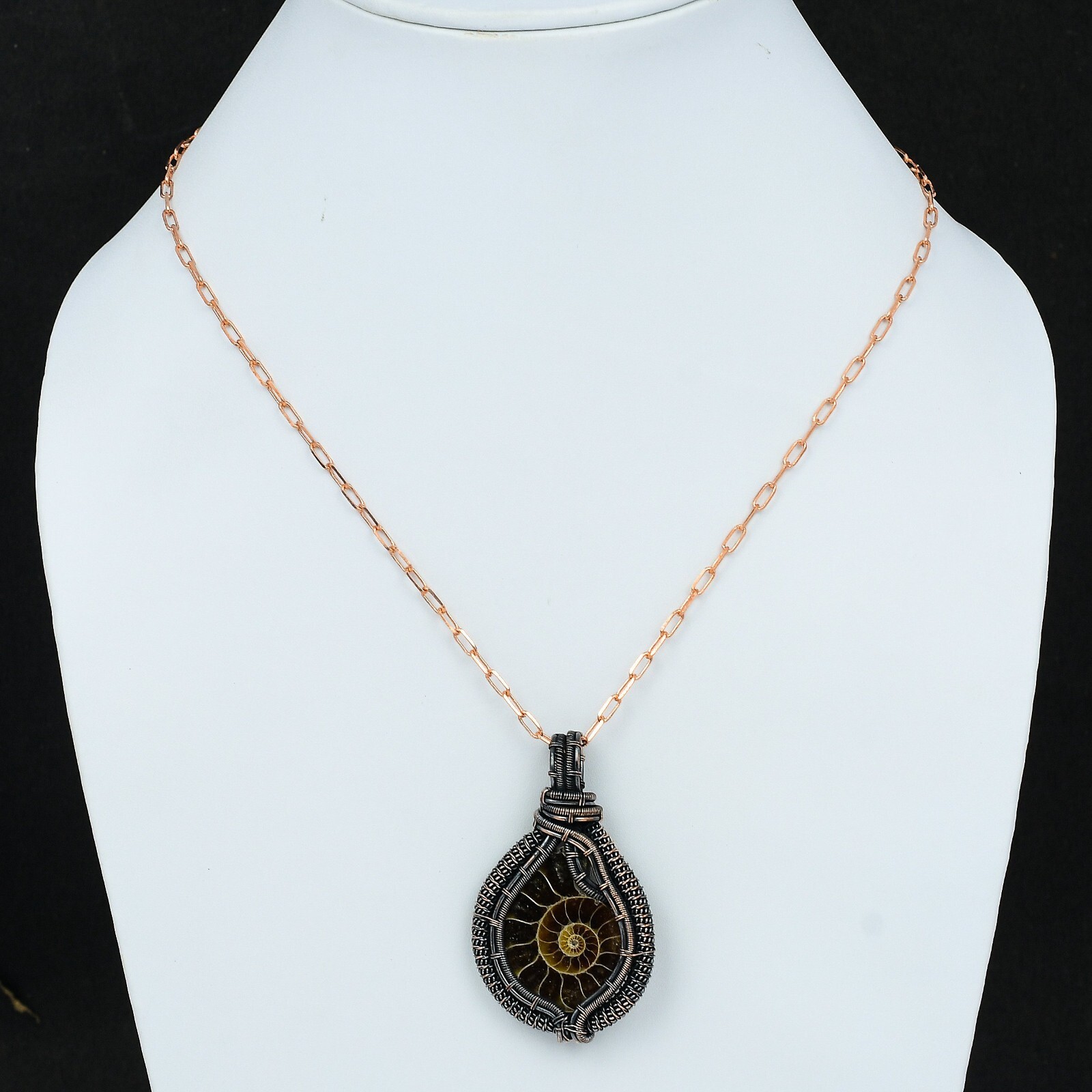 Ammonite Fossil Jewelry Copper Gift For Sister Wire Wrapped Pendant 2.56″