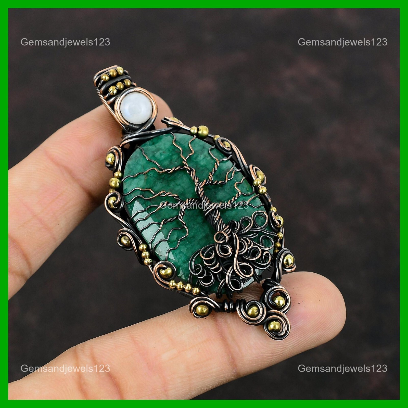 Easter Deal Copper Oval Natural Zambian Emrald Rainbow Moonstone Wedding Pendant