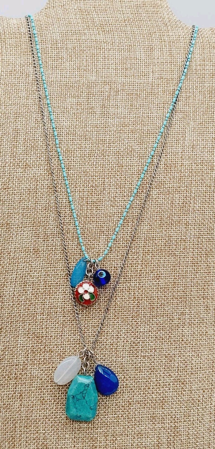 Express Silver Tone Turquoise Color Chain Necklace Cloisonne Metal Plastic