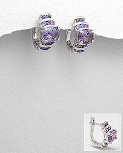 Solid Sterling Silver Purple Amethyst Hoop Earrings English Locks 18mm Long 7.5g