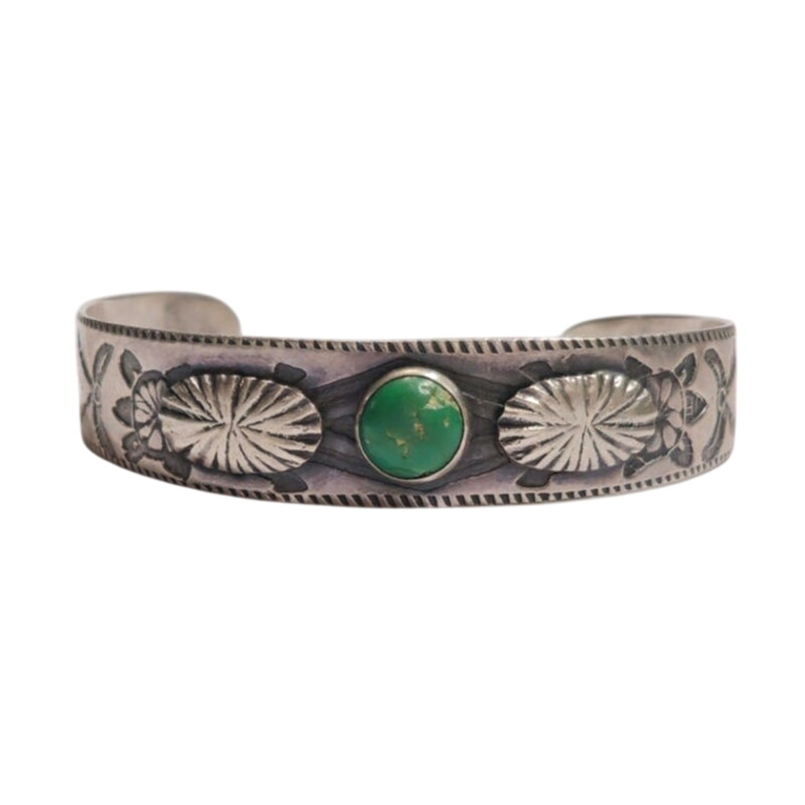 Vintage Fred Harvey Era Sterling Silver Turquoise Stampwork Cuff Bracelet