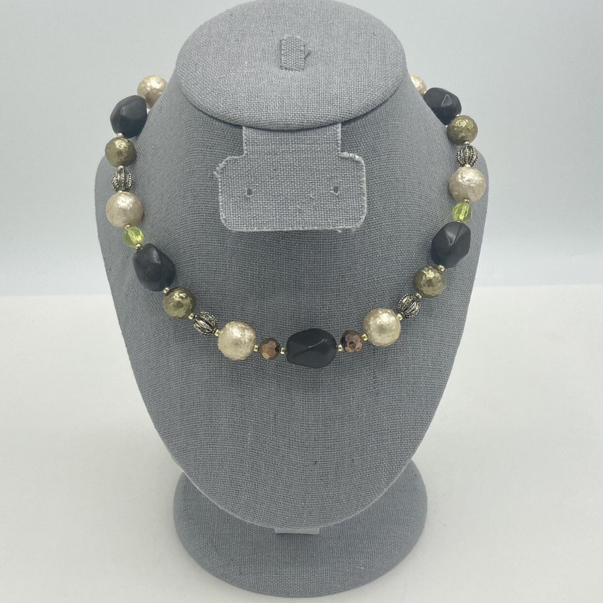 Green Brown Cream/ Champagne Color Textured Beaded 16” Single Strand Necklace