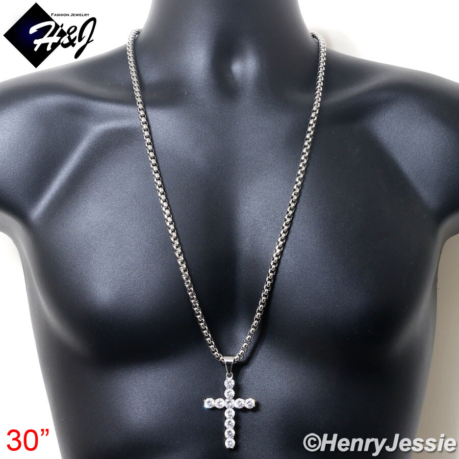 18″-40″MEN Stainless Steel 5mm Silver Box Link Chain ICY CZ Cross Pendant*IP138