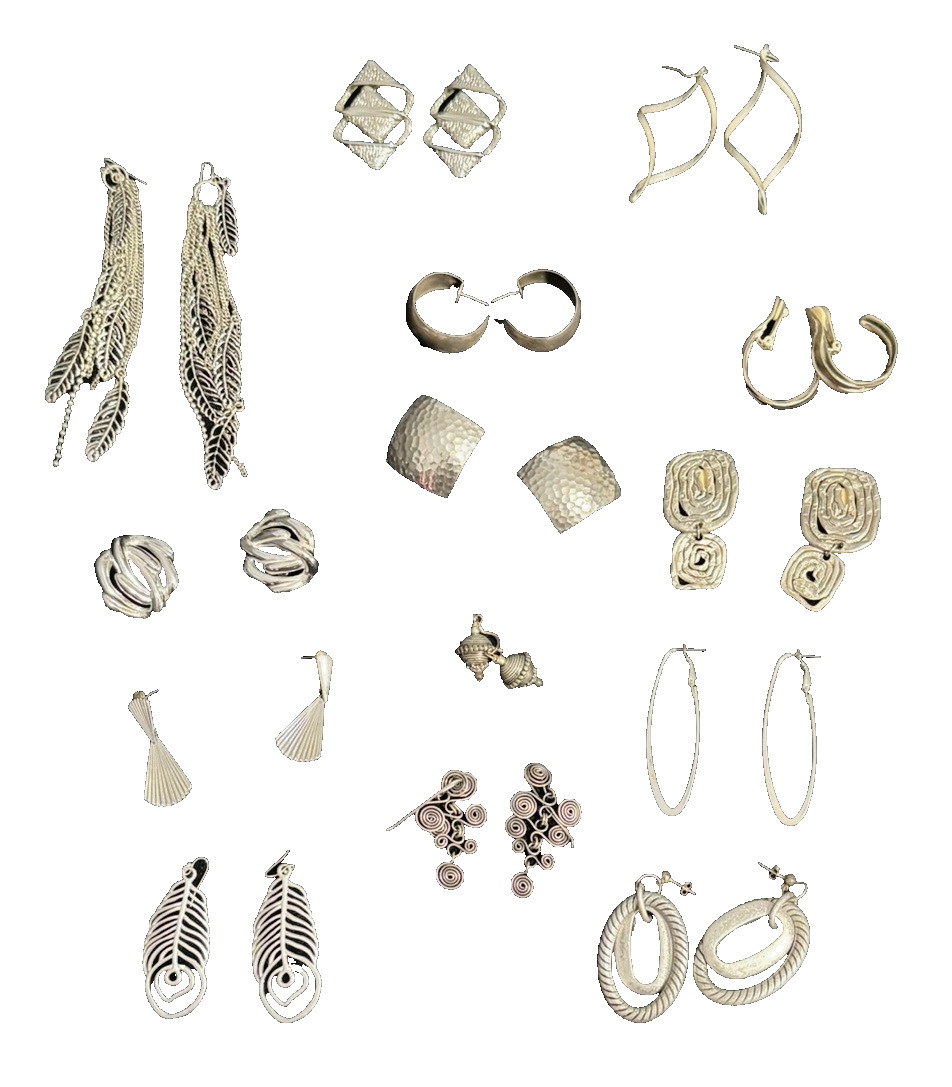14 Pair Costume Silver Colored Earrings (2 pairs are clip-ons, 12 are pierced)