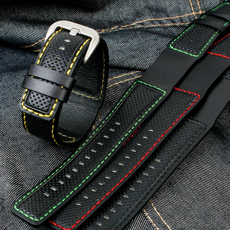 Cowhide Leather Watch Strap for Panerai Dietrich 24mm Black Red Stitch Men Band