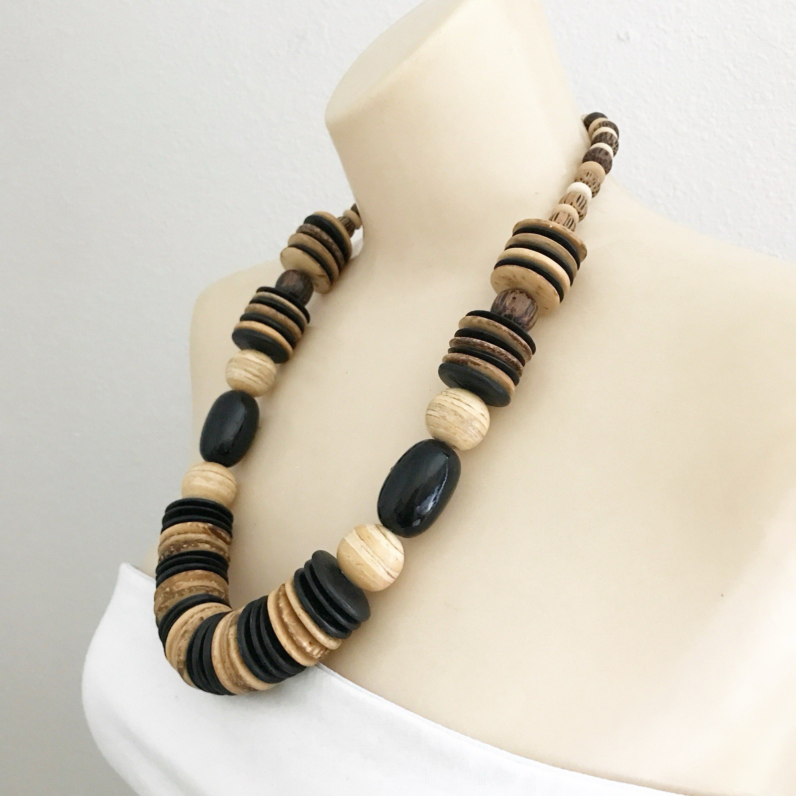 Vintage Chunky Long Wood Bead Necklace Boho Statement Earth Tone Jewelry