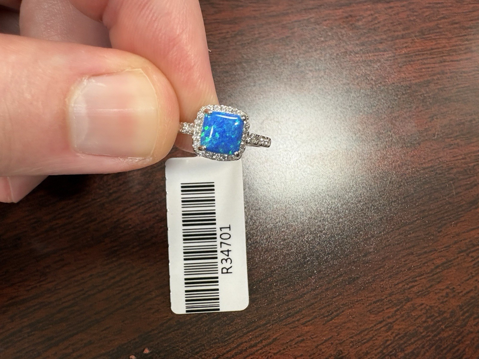 925 Sterling Silver Created Blue Square Opal Halo Moissanite Ring Size 6 R34701