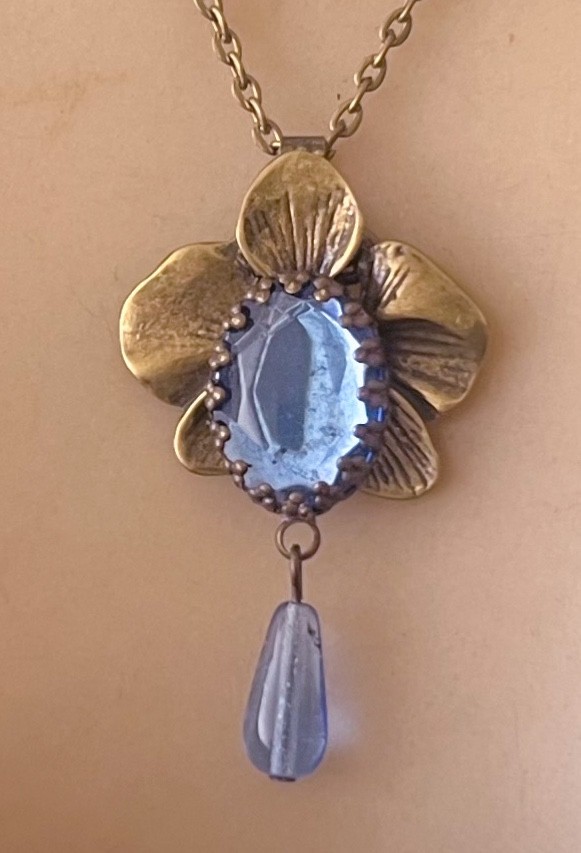 Vintage Necklace Art Nouveau Orchid Pendant Blue Rhinestone Czech Glass Drop