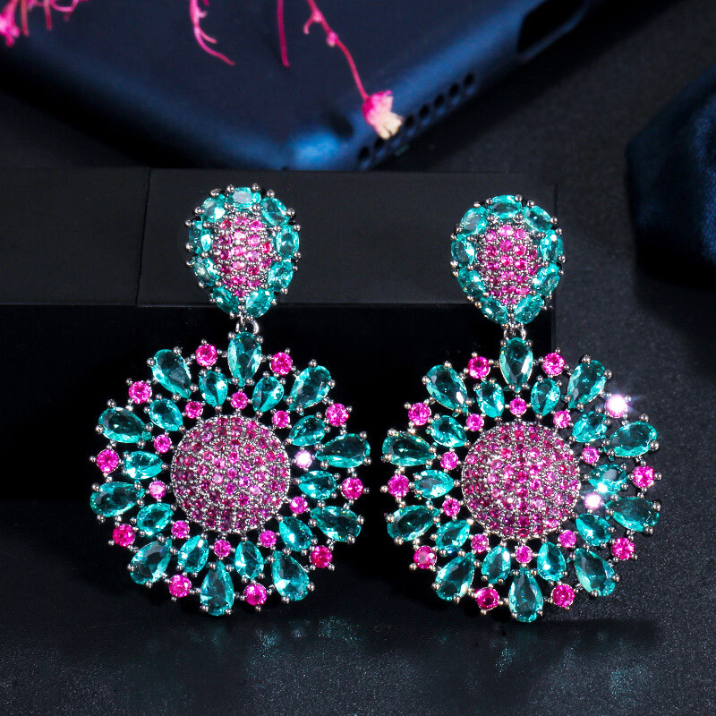 Women Ethnic Black Gold Plated Cubic Zirconia Flower Drop Earrings Party Jewelry