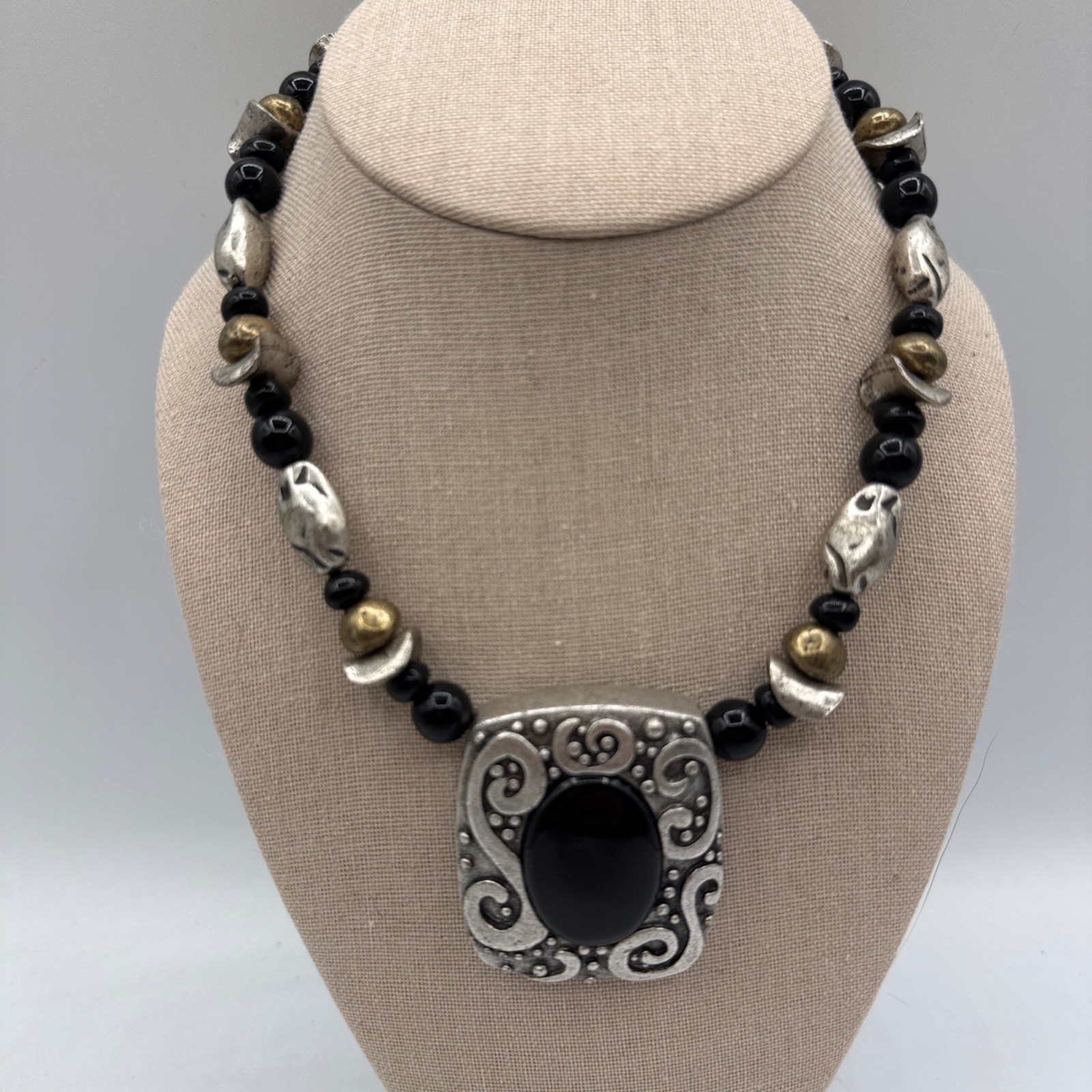 Chico’s Statement Necklace Black Silver Gold Scroll Pendant Boho Tribal Artisan