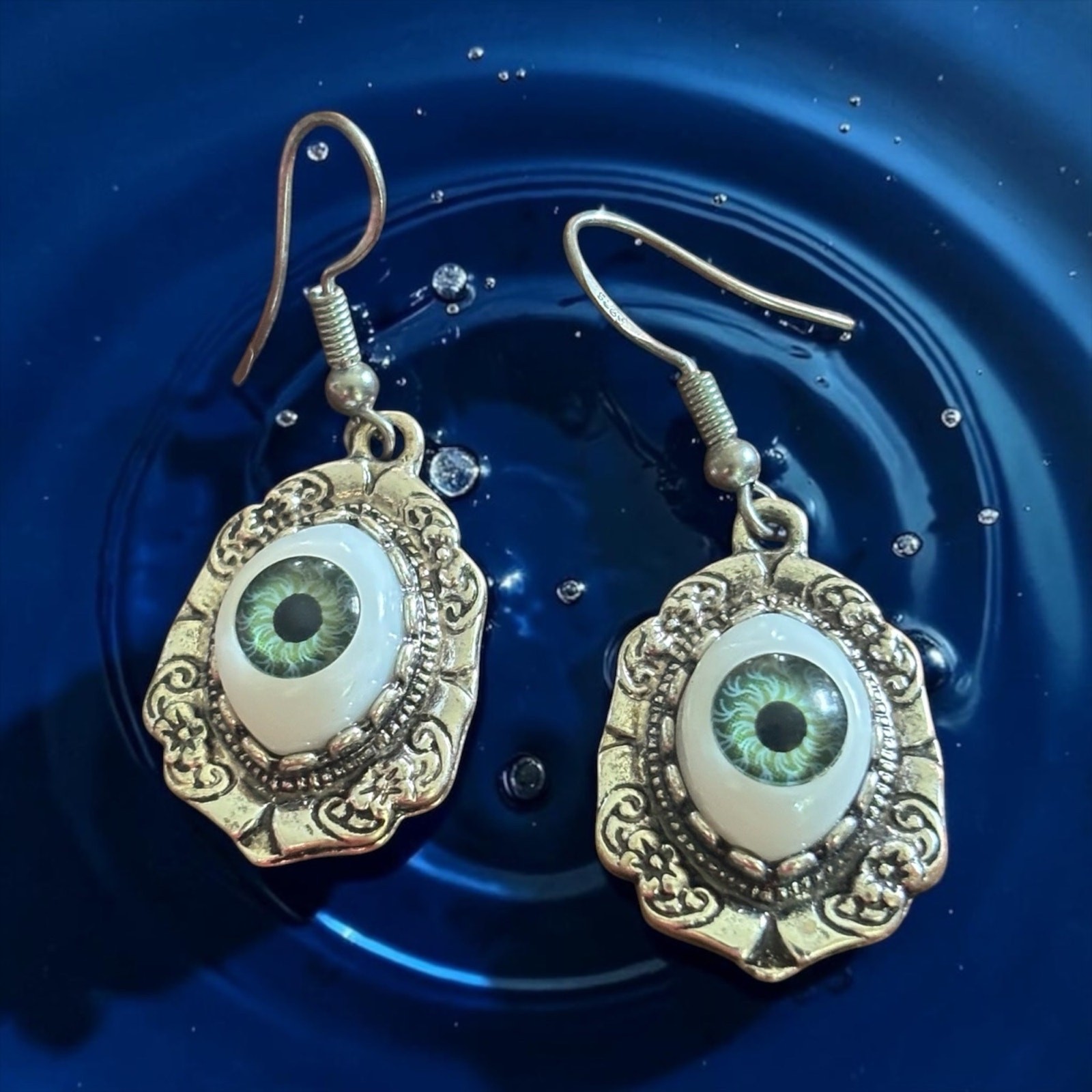 Green Eyeball Drop Earrings Gothic Oddities Creepy Victorian Silver Tone