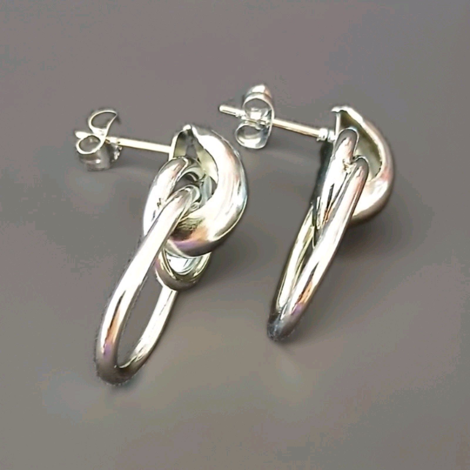 Silver Tone Double Oval Link Dangle Drop Earrings, Butterfly Closure Pair
