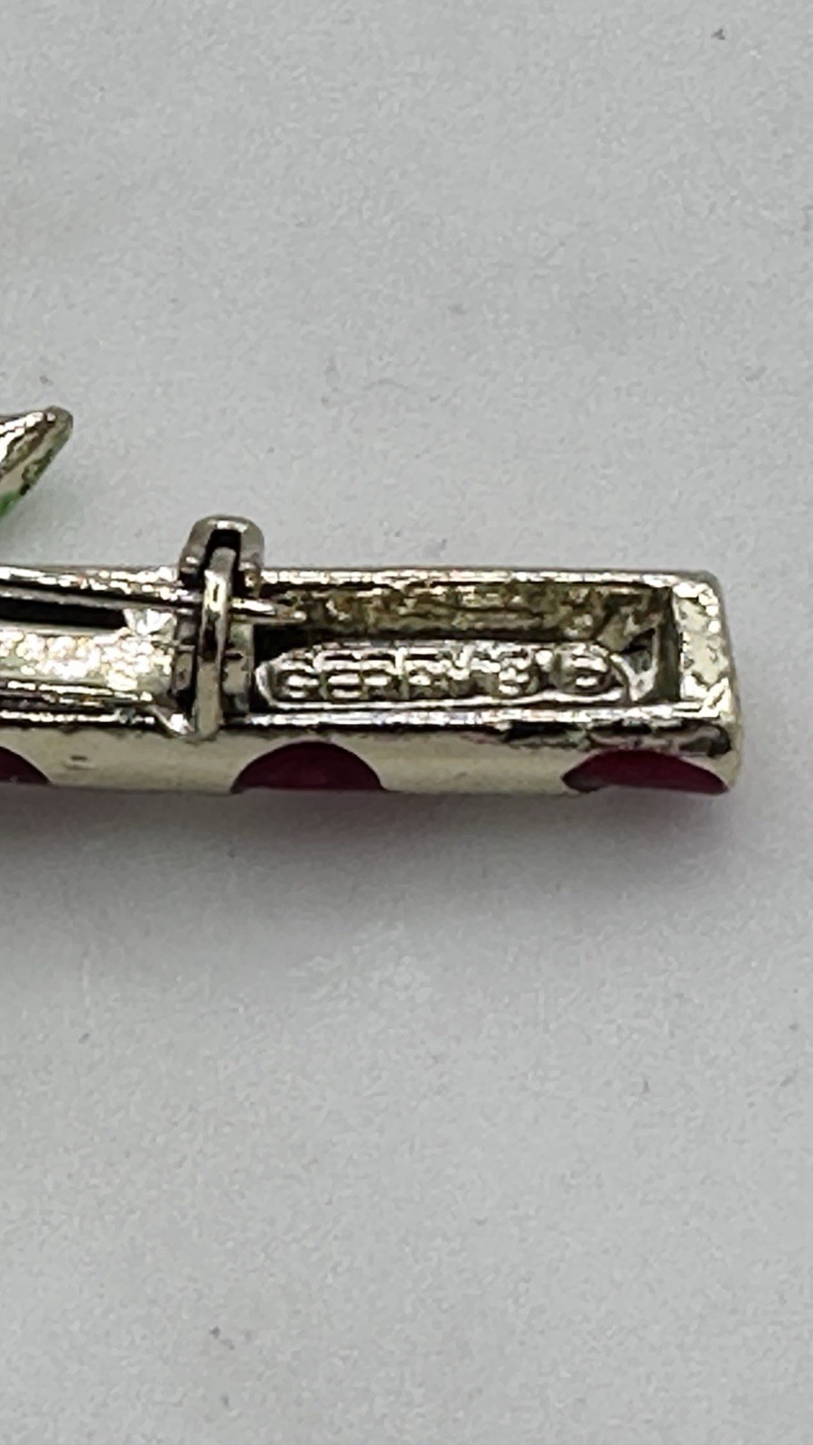 Vintage Gerry’s Candy Cane Brooch Pin Red White Enamel Green Bow Rhinestone