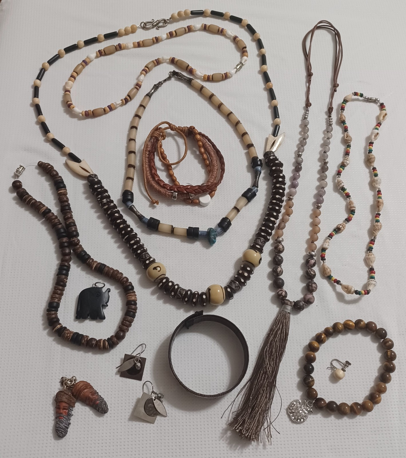 COOL Lot Of Vintage Tribal Jewelry Bone Beads Wood Shells Gemstones Leather Etc
