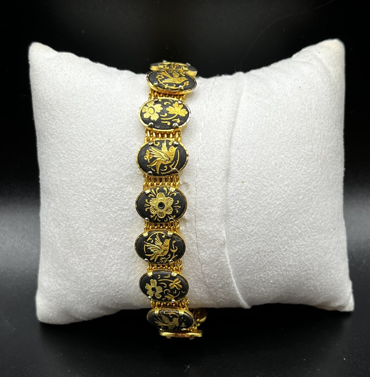 Vintage damascene Oval Panel Mesh Back Bird & Flower Bracelet