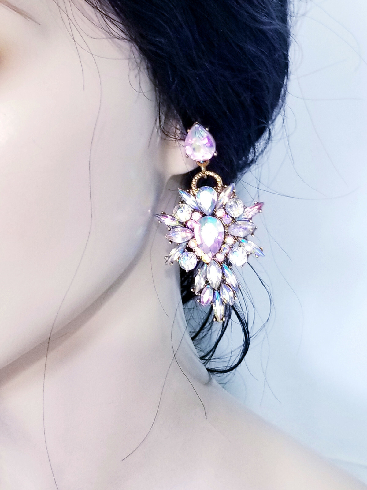 Chandelier Earrings AB Rhinestone Crystal 2.8 in