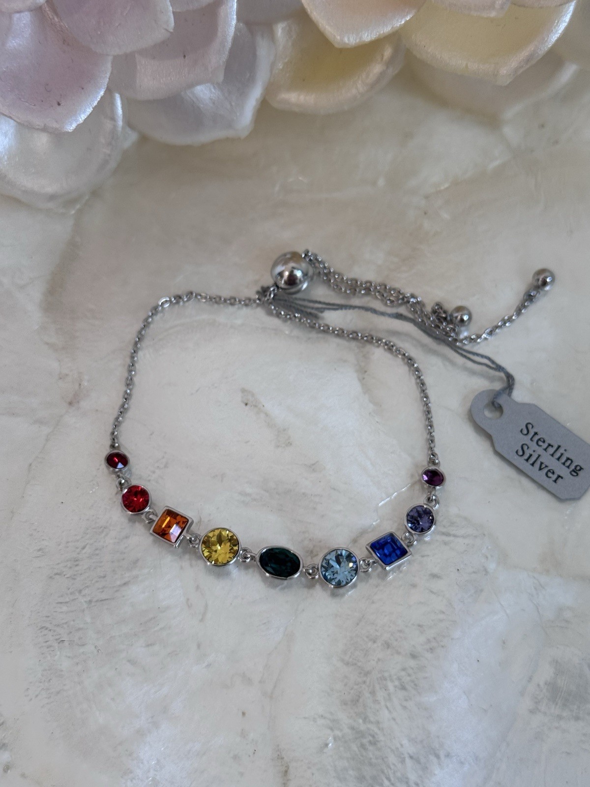 Sterling Silver 925 Rainbow Crystal Adjustable One Size Bracelet Bolo NEW
