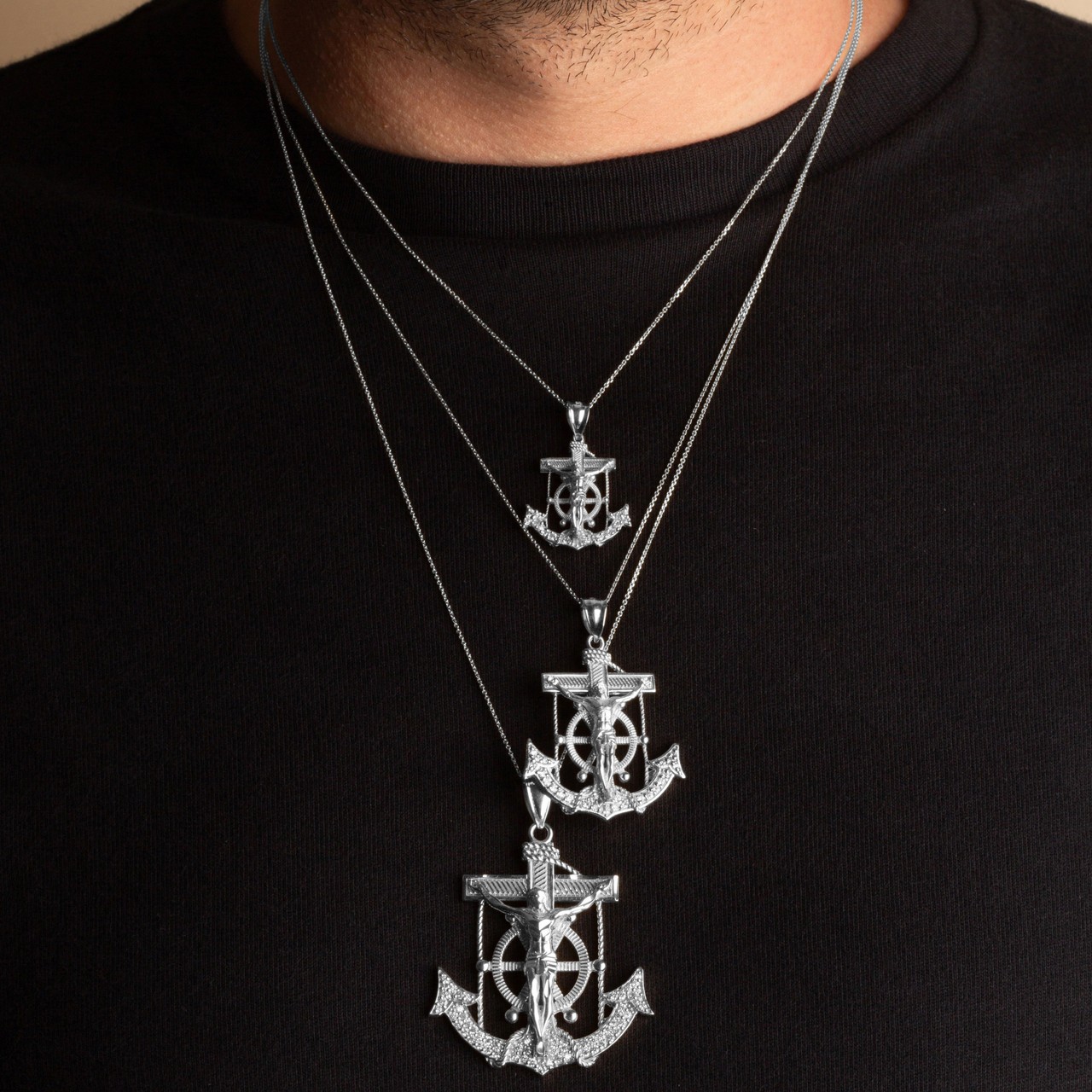 .925 Sterling Silver Studded Mariner Cross Crucifix Anchor Jesus Christ Pendant