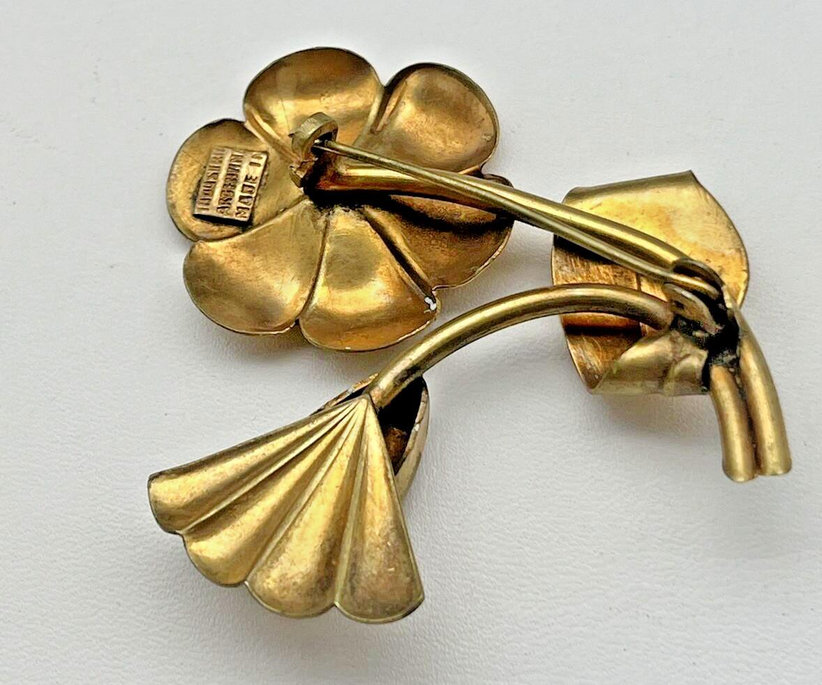 Large Antique Vintage INDUSTRIA Made in ARGENTINA Brass Flower Art Deco Brooch