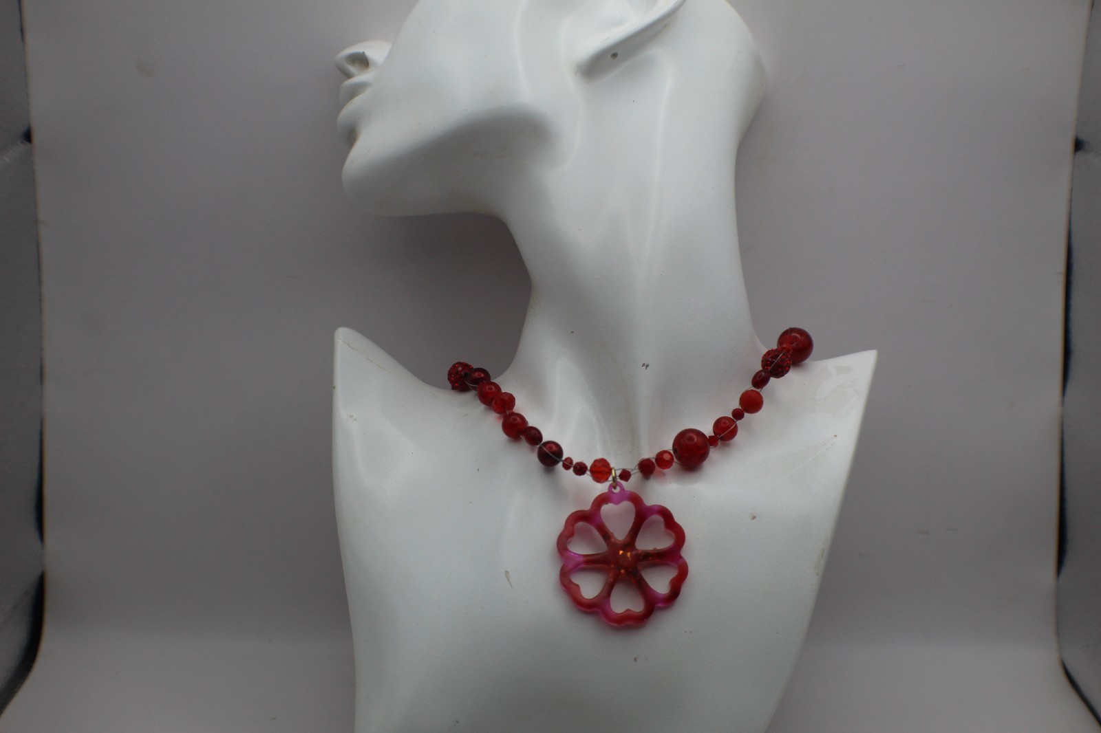 50 Shades Of Red Resin Flower Pendant On A Floating Beaded Necklace