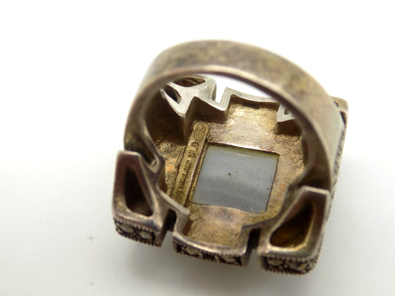 Art Deco Inspired Sterling Silver Blue Lace Agate Marcasite Ring Sz 6 Signed MLD