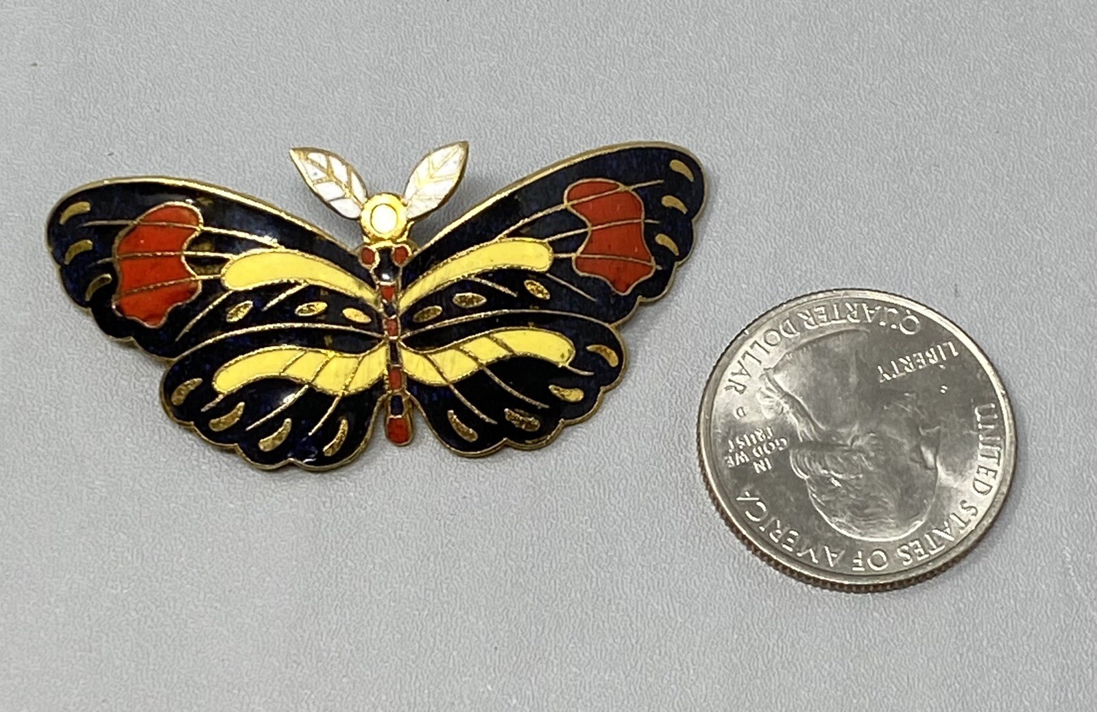Vintage Cloisonne Butterfly Brooch C Clasp Pendant China Black Yellow Red Enamel