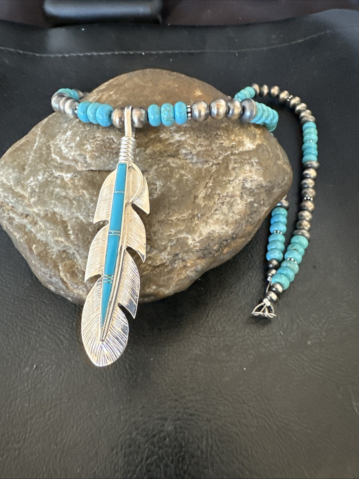 Mens Feather Turquoise Pendant Navajo Sterling Silver Necklace 18668