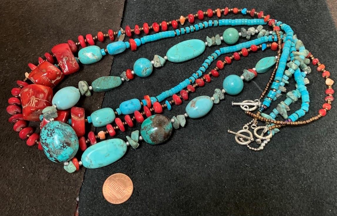 3 Southwestern turquoise nuggets/coral/shell necklaces(b177h-w5)