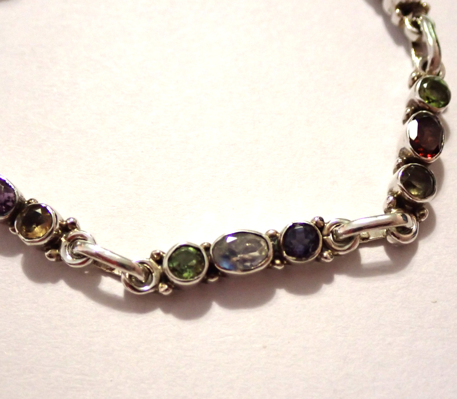 Multi-Stone Bracelet Peridot Amethyst Garnet Sterling Silver Hook 7.75″ 11.7g