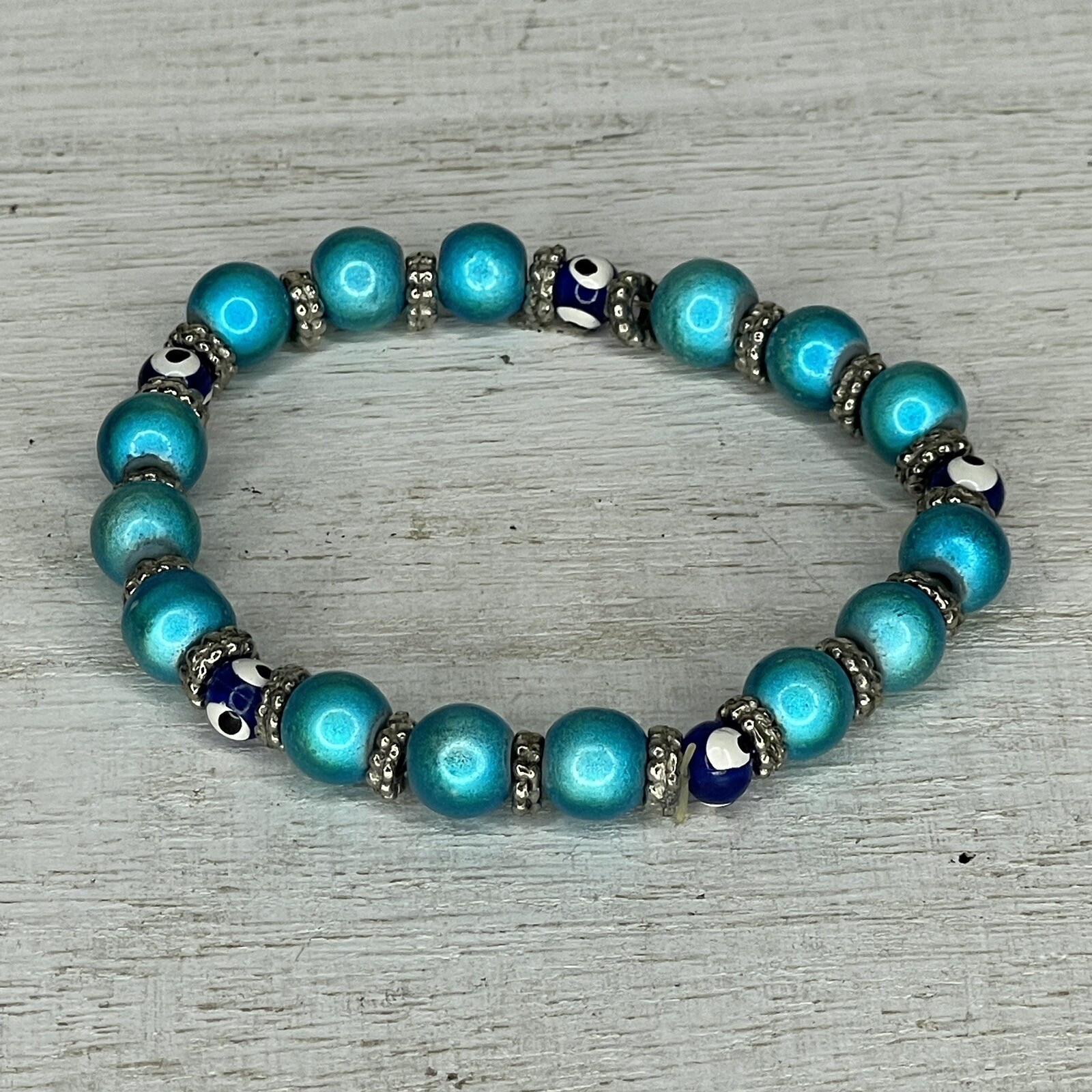 Evil Eye Turkish Bracelet Blue Glass Beads Stretch To Fit Protection
