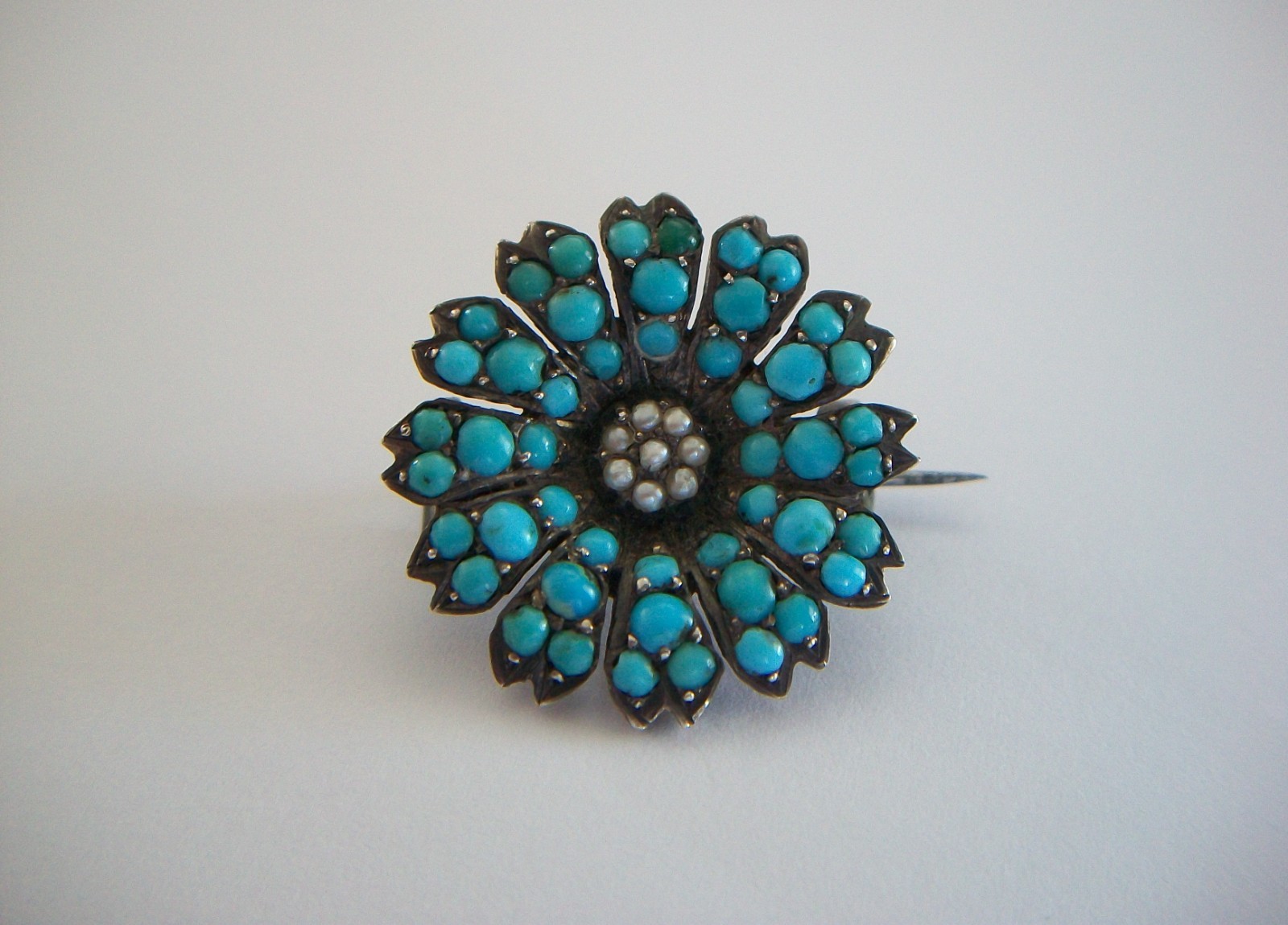 Victorian Pavé Set Turquoise & Seed Pearl Flower Brooch – Germany – Circa 1850