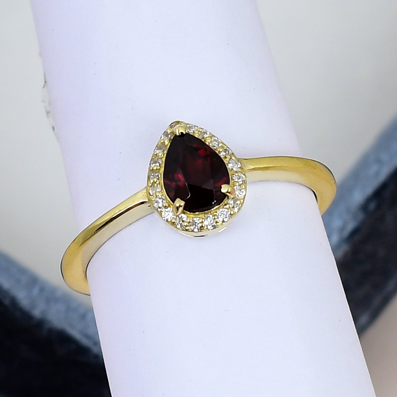 Garnet Pear Halo Ring 5x7mm 18K Gold Plated 925 Silver January Birthstone